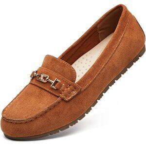 Women Camel Suede Accent Buckle Leisure Slip On Comfort Walking Flats Shoes
